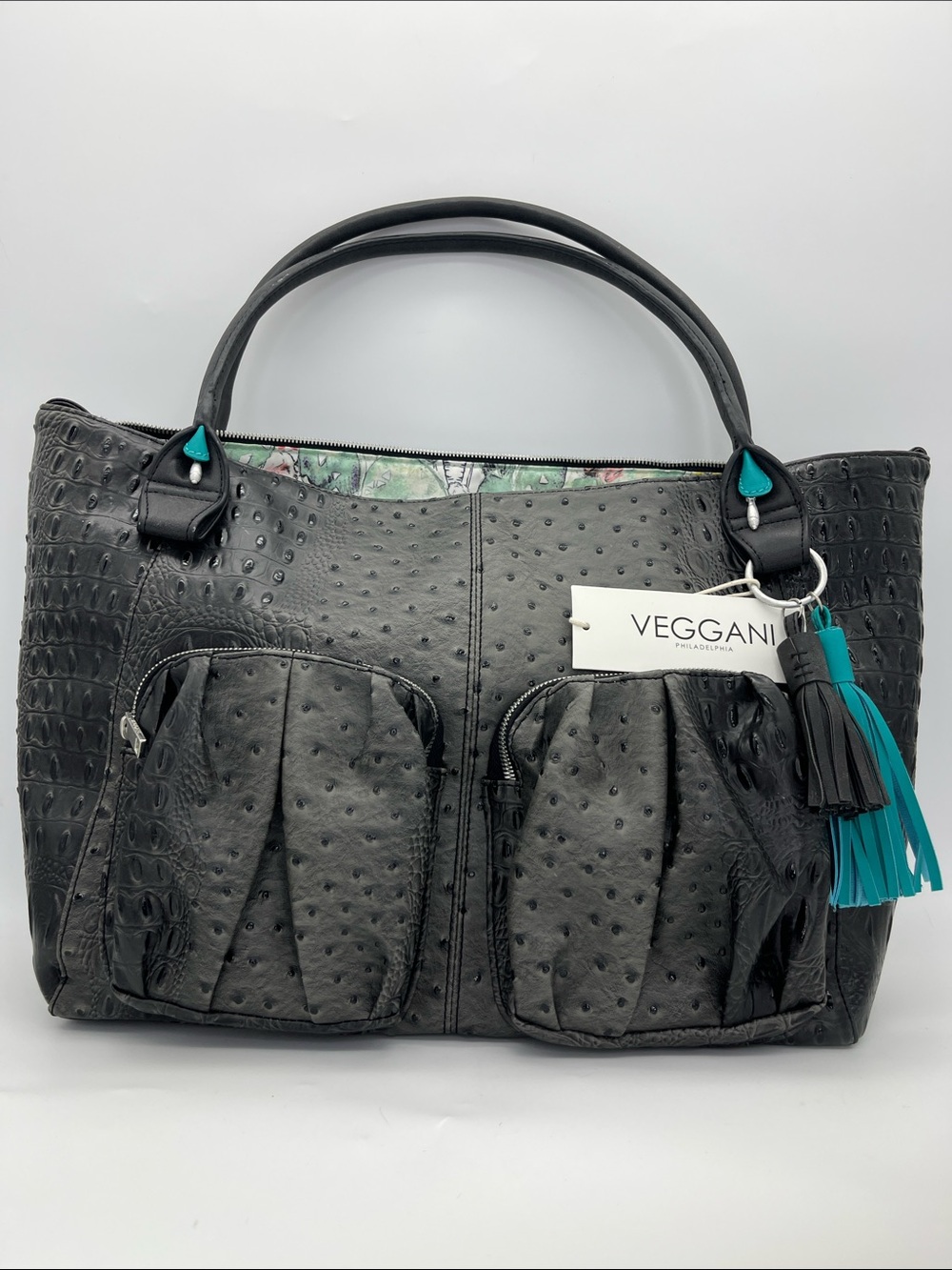 VEGGANI Black Faux Ostrich Tote with Teal Tassel